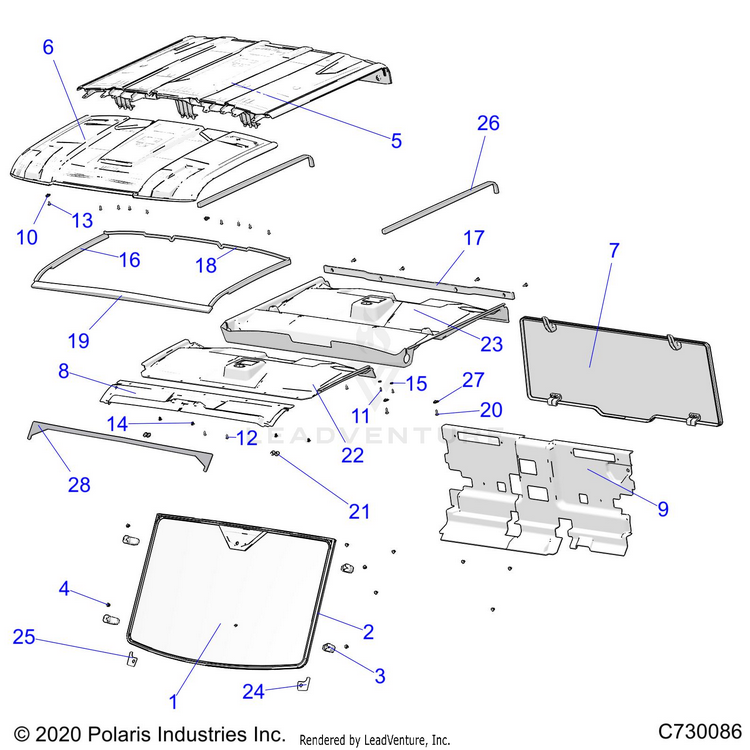 An Image of a Genuine Polaris Parts Schematic Diagram showing the schematic - BODY: ROOF & CAB - 2020 POLARIS RANGER CREW XP 1000 EPS NORTHSTAR RIDE COMMAND