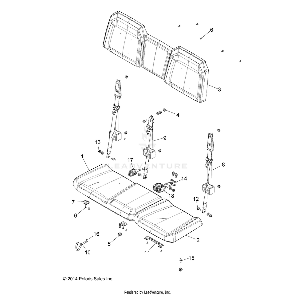 An Image of a Genuine Polaris Parts Schematic Diagram showing the schematic - BODY: SEAT - 2015 POLARIS RANGER HST