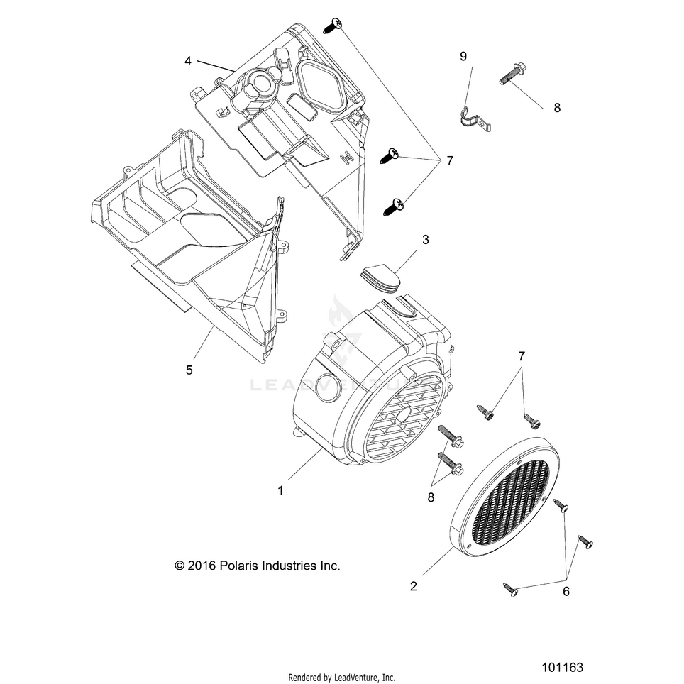 An Image of a Genuine Polaris Parts Schematic Diagram showing the schematic - ENGINE: FAN COVER & SHROUD COMP - 2020 POLARIS RANGER 150 EFI