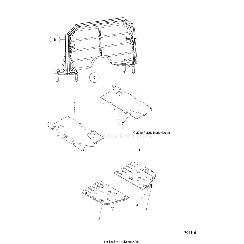 An Image of a Genuine Polaris Parts Schematic Diagram showing the schematic - BODY: UNDERCARRAGE PROTECTION & RACK - 2017 POLARIS RANGER XP 1000