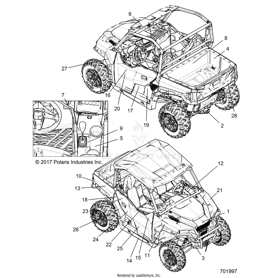 An Image of a Genuine Polaris Parts Schematic Diagram showing the schematic - BODY: DECALS - 2018 POLARIS GENERAL 1000 EPS