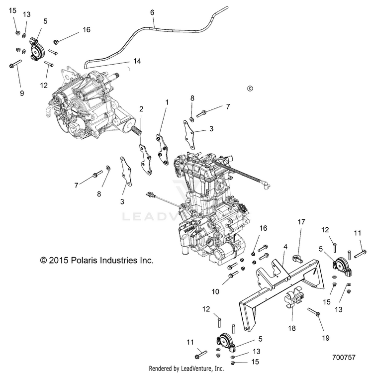 An Image of a Genuine Polaris Parts Schematic Diagram showing the schematic - ENGINE: TRANSMISSION MOUNTING & LONG BLOCK - 2017 POLARIS RANGER CREW 570 EFI