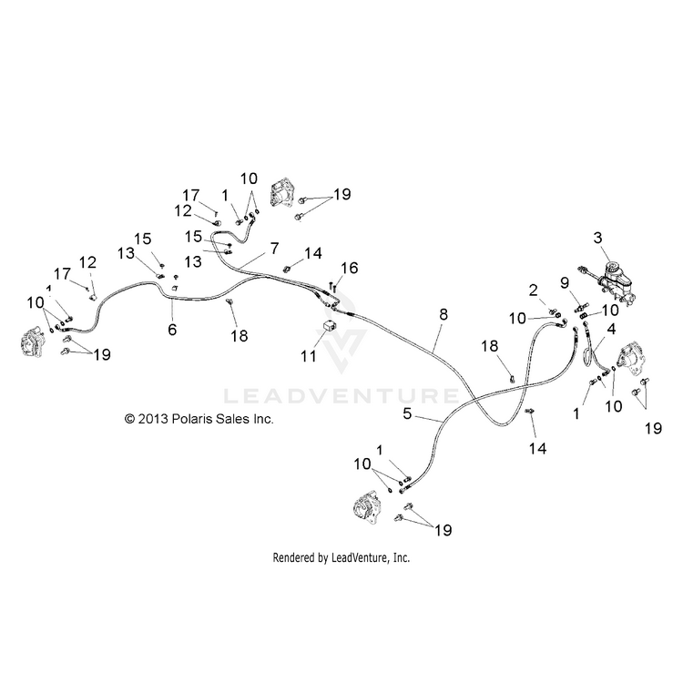 An Image of a Genuine Polaris Parts Schematic Diagram showing the schematic - BRAKES: BRAKE LINES & MASTER CYLINDER - 2015 POLARIS RANGER CREW 570 EFI FULL SIZE
