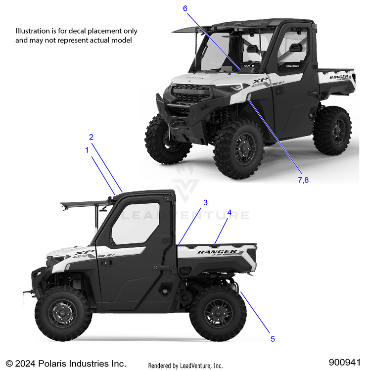 An Image of a Genuine Polaris Parts Schematic Diagram showing the schematic - BODY: DECAL GENERAL - 2025 POLARIS RANGER 1000 XP NORTHSTAR ULTIMATE TRAIL BOSS