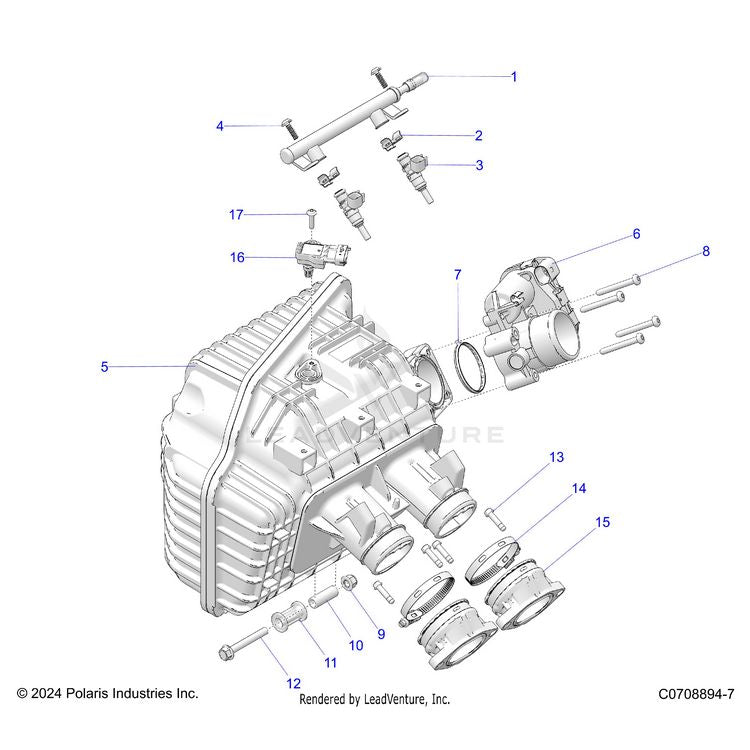 An Image of a Genuine Polaris Parts Schematic Diagram showing the schematic - ENGINE: INTAKE MANIFOLD THROTTLE BODY FUEL RAIL - 2026 POLARIS XPEDITION ADV 5 NORTHSTAR