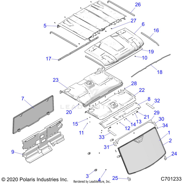 An Image of a Genuine Polaris Parts Schematic Diagram showing the schematic - BODY: ROOF & CAB - 2021 POLARIS RANGER CREW XP 1000 NORTHSTAR