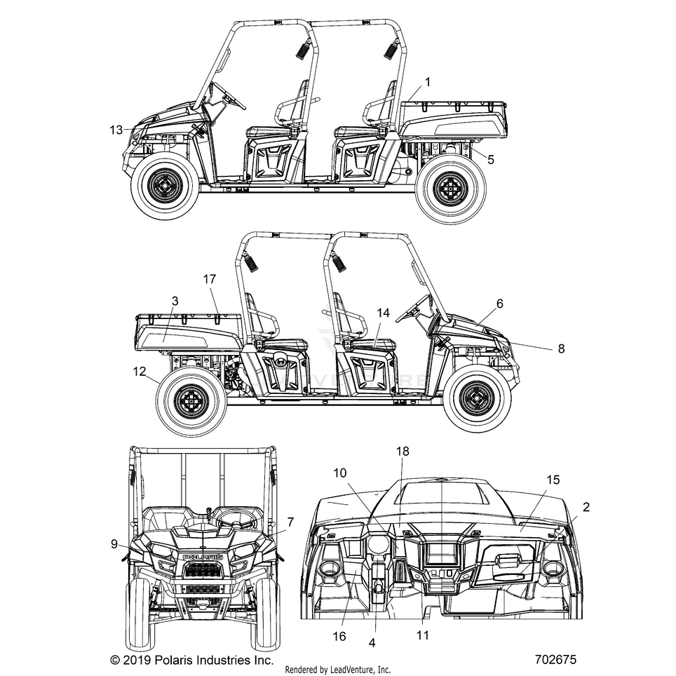 An Image of a Genuine Polaris Parts Schematic Diagram showing the schematic - BODY: DECALS - 2020 POLARIS RANGER CREW 570