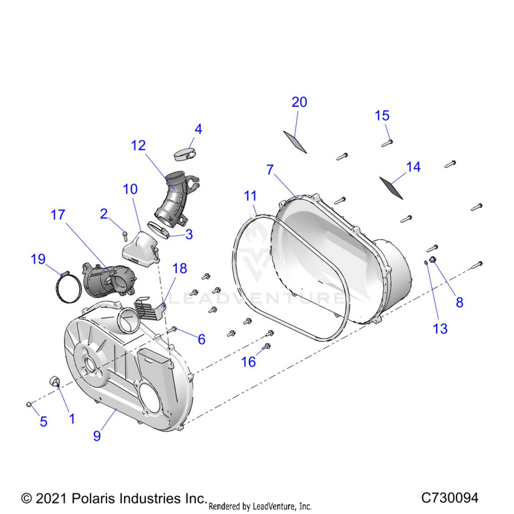 An Image of a Genuine Polaris Parts Schematic Diagram showing the schematic - DRIVE TRAIN: CLUTCH COVER & DUCTING - 2022 POLARIS RANGER 570 RIDE COMMAND
