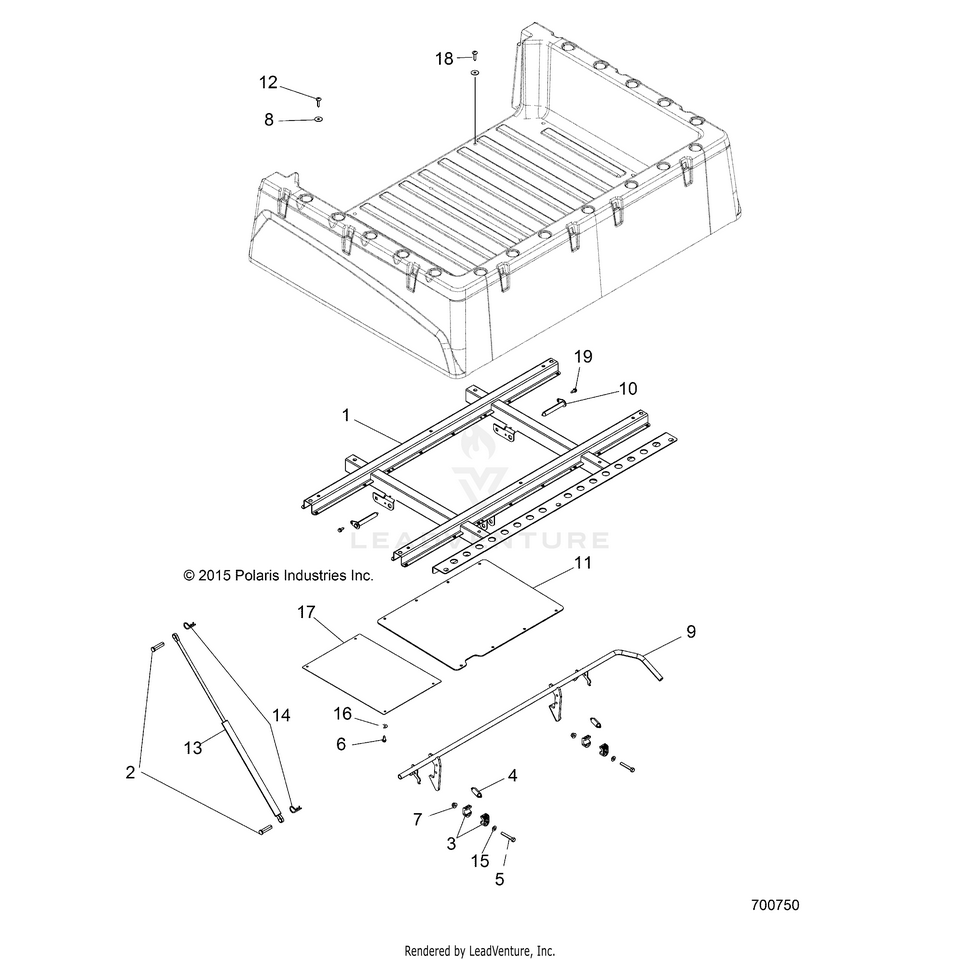 An Image of a Genuine Polaris Parts Schematic Diagram showing the schematic - BODY: BOX MOUNTING - 2017 POLARIS RANGER CREW 570 EFI