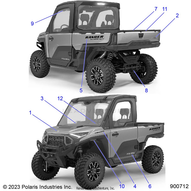 An Image of a Genuine Polaris Parts Schematic Diagram showing the schematic - BODY: DECALS - 2024 POLARIS RANGER XD 1500 NORTHSTAR ULTIMATE