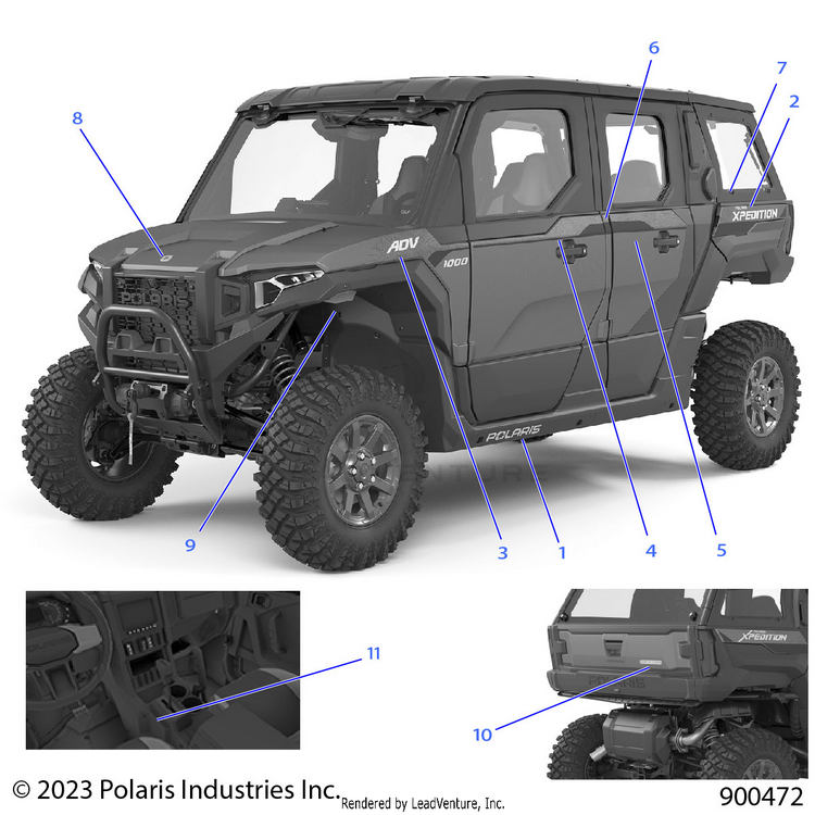 An Image of a Genuine Polaris Parts Schematic Diagram showing the schematic - BODY: DECALS GRAPHICS - 2024 POLARIS XPEDITION ADV 5 NORTHSTAR