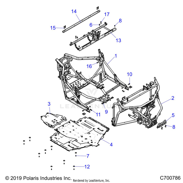 An Image of a Genuine Polaris Parts Schematic Diagram showing the schematic - CHASSIS: MAIN FRAME AND SKID PLATES - 2020 POLARIS GENERAL 1000 DELUXE RIDE COMMAND