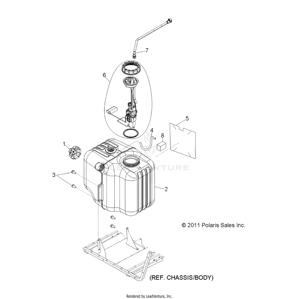 An Image of a Genuine Polaris Parts Schematic Diagram showing the schematic - BODY: FUEL TANK - 2015 POLARIS RANGER 800 6X6
