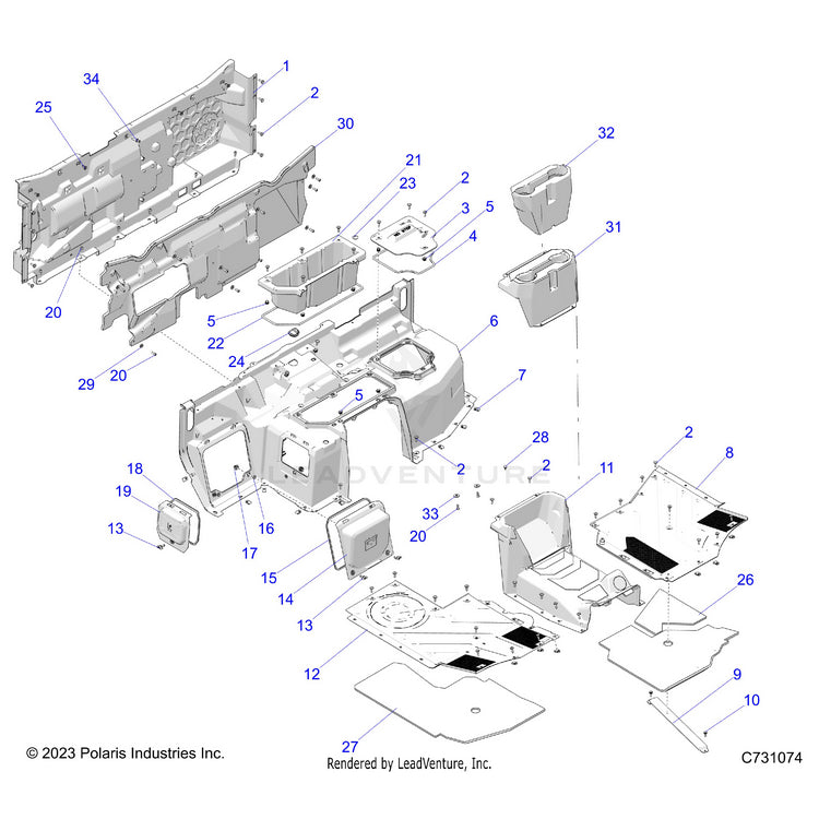 An Image of a Genuine Polaris Parts Schematic Diagram showing the schematic - BODY: FLOOR & REAR CLOSEOFF - 2024 POLARIS RANGER XD 1500 NORTHSTAR