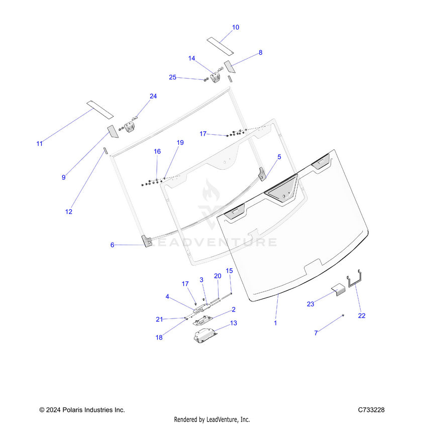 An Image of a Genuine Polaris Parts Schematic Diagram showing the schematic - BODY: WINDSHIELD FIXED - 2025 POLARIS RANGER 1000 XP NORTHSTAR PREMIUM