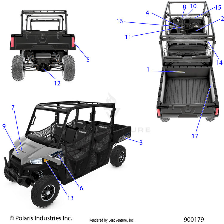 An Image of a Genuine Polaris Parts Schematic Diagram showing the schematic - BODY: DECALS - 2021 POLARIS RANGER CREW 570