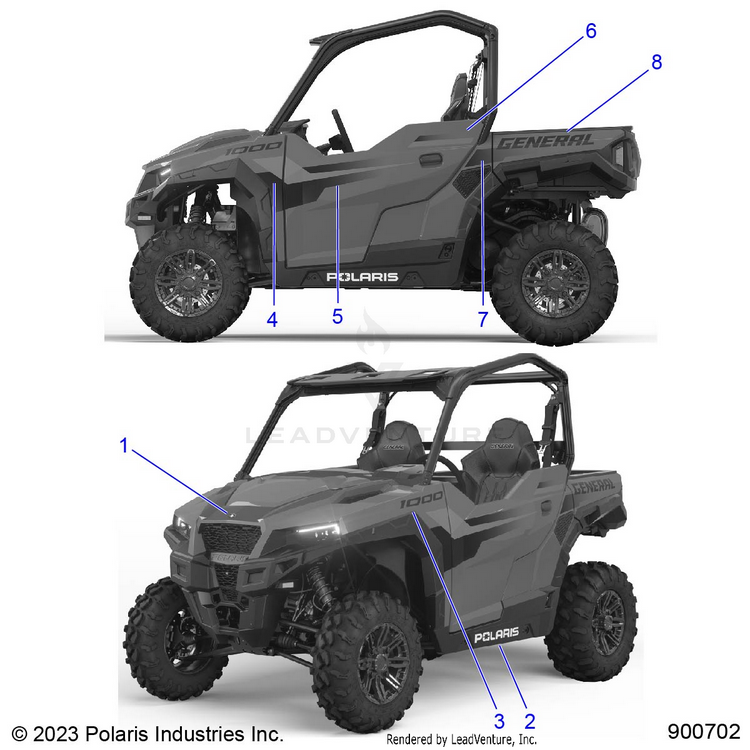 An Image of a Genuine Polaris Parts Schematic Diagram showing the schematic - BODY: DECALS - 2024 POLARIS GENERAL 1000 PREMIUM