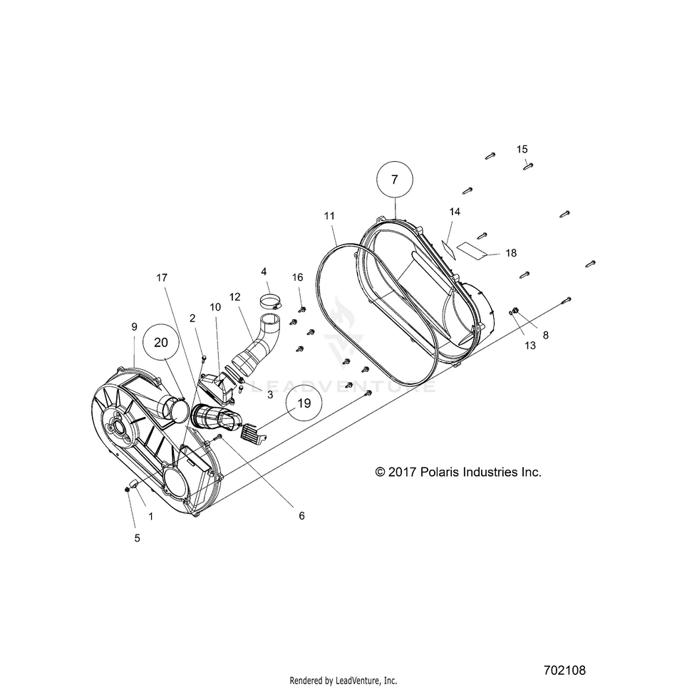An Image of a Genuine Polaris Parts Schematic Diagram showing the schematic - DRIVE TRAIN: CLUTCH COVER & DUCTING - 2021 POLARIS RANGER 570