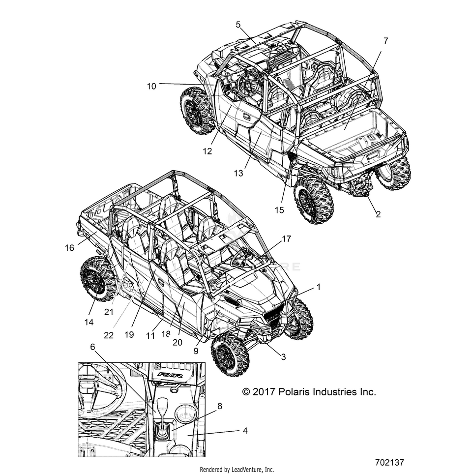An Image of a Genuine Polaris Parts Schematic Diagram showing the schematic - BODY: DECALS - 2018 POLARIS GENERAL 1000 4 EPS