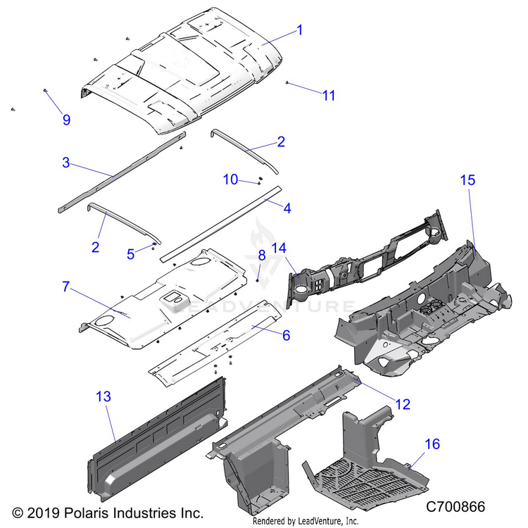 An Image of a Genuine Polaris Parts Schematic Diagram showing the schematic - OPTION: ROOF PREM PREP CLOSEOFFS HOOD LINER FLOOR & DASH - 2020 POLARIS RANGER XP 1000 FACTORY CHOICE