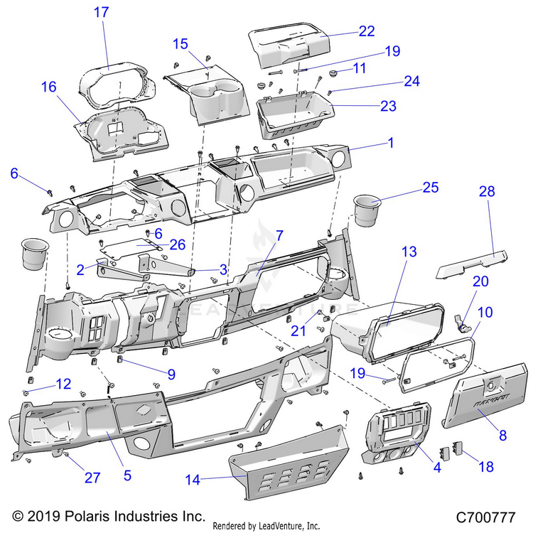 An Image of a Genuine Polaris Parts Schematic Diagram showing the schematic - BODY: DASH - 2021 POLARIS RANGER CREW XP 1000 EPS