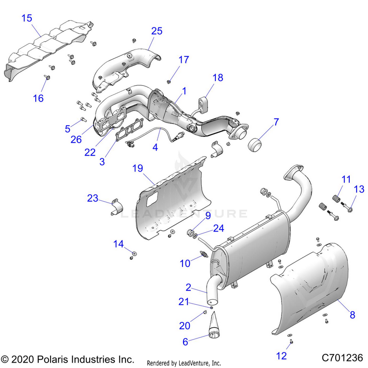 An Image of a Genuine Polaris Parts Schematic Diagram showing the schematic - ENGINE: EXHAUST SYSTEM - 2021 POLARIS RANGER CREW XP 1000 NORTHSTAR