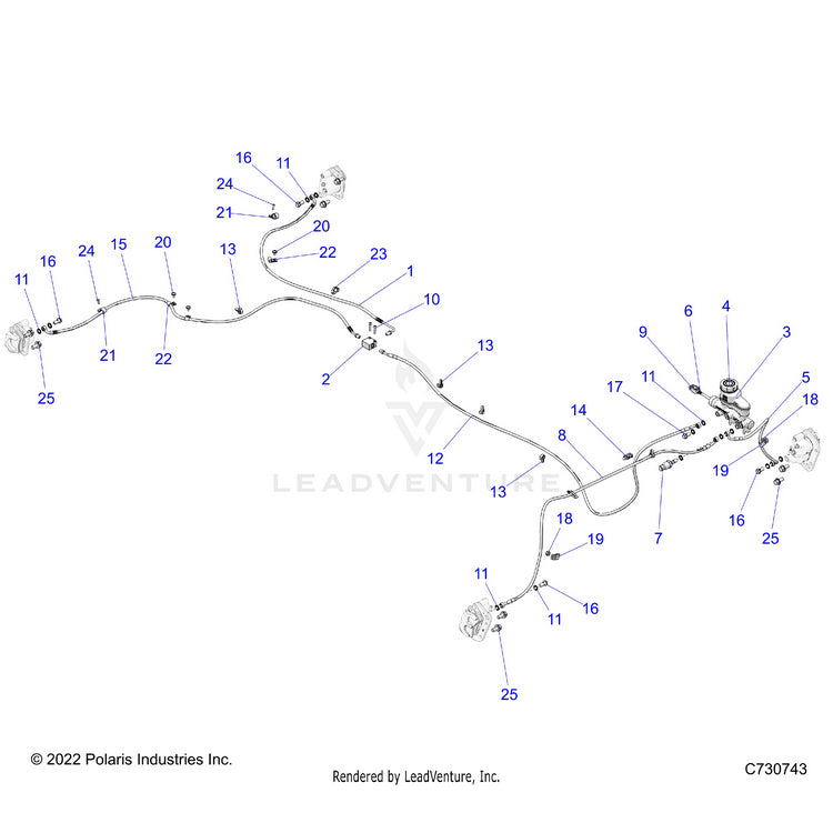 An Image of a Genuine Polaris Parts Schematic Diagram showing the schematic - BRAKES: LINES & MASTER CYLINDER - 2024 POLARIS RANGER 570 FULL SIZE