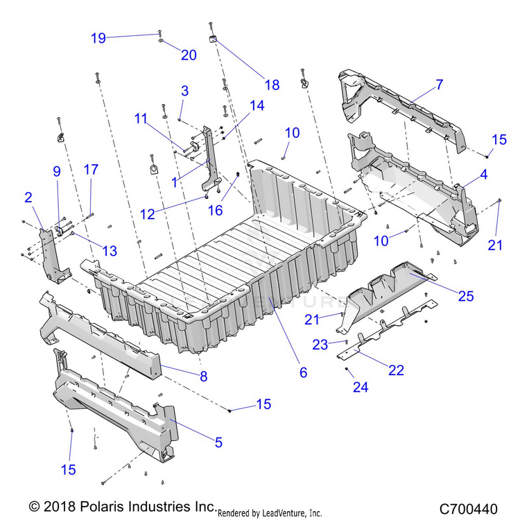 An Image of a Genuine Polaris Parts Schematic Diagram showing the schematic - BODY: BOX - 2019 POLARIS RANGER XP 1000 BACK COUNTRY