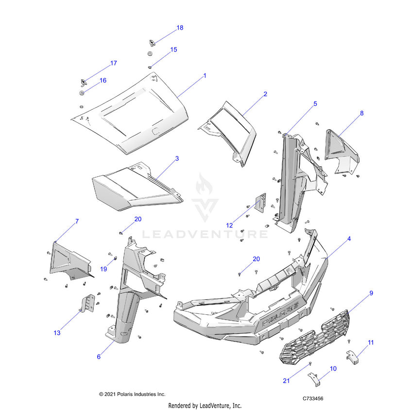 An Image of a Genuine Polaris Parts Schematic Diagram showing the schematic - BODY: HOOD & FRONT FENDERS - 2022 POLARIS RANGER CREW 570