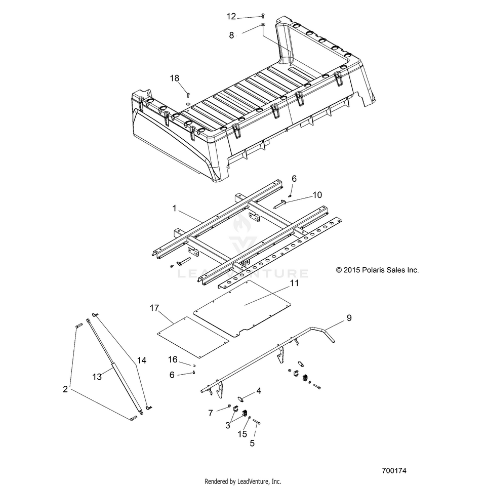 An Image of a Genuine Polaris Parts Schematic Diagram showing the schematic - BODY: BOX MOUNTING - 2018 POLARIS RANGER 500 2WD HDPE