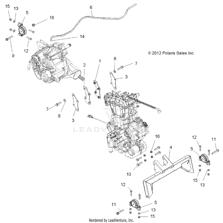 An Image of a Genuine Polaris Parts Schematic Diagram showing the schematic - ENGINE: TRANSMISSION MOUNTING & LONG BLOCK - 2016 POLARIS RANGER XP 570 FULL SIZE