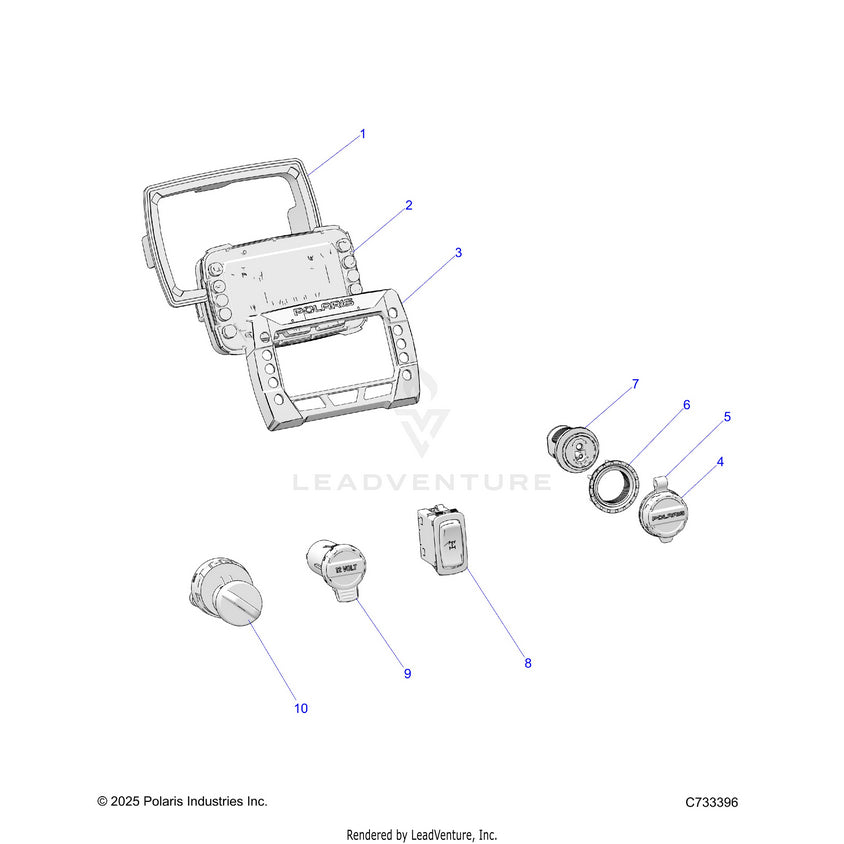 An Image of a Genuine Polaris Parts Schematic Diagram showing the schematic - ELECTRICAL: DASH INSTRUMENTS & CONTROLS - 2025 POLARIS RANGER 570