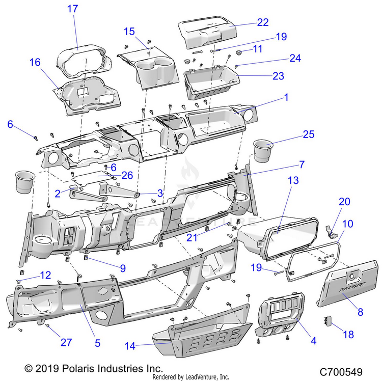 An Image of a Genuine Polaris Parts Schematic Diagram showing the schematic - BODY: DASH STD - 2019 POLARIS RANGER CREW XP 1000 NORTHSTAR FACTORY CHOICE