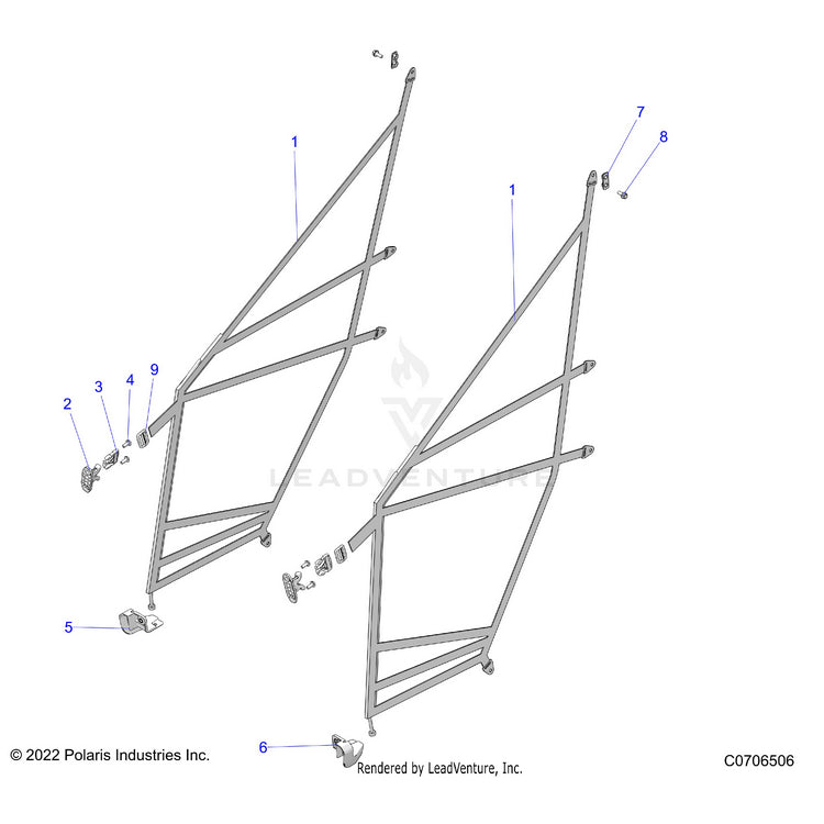 An Image of a Genuine Polaris Parts Schematic Diagram showing the schematic - BODY: SIDE NETS - 2023 POLARIS RANGER 1000 PREMIUM EPS
