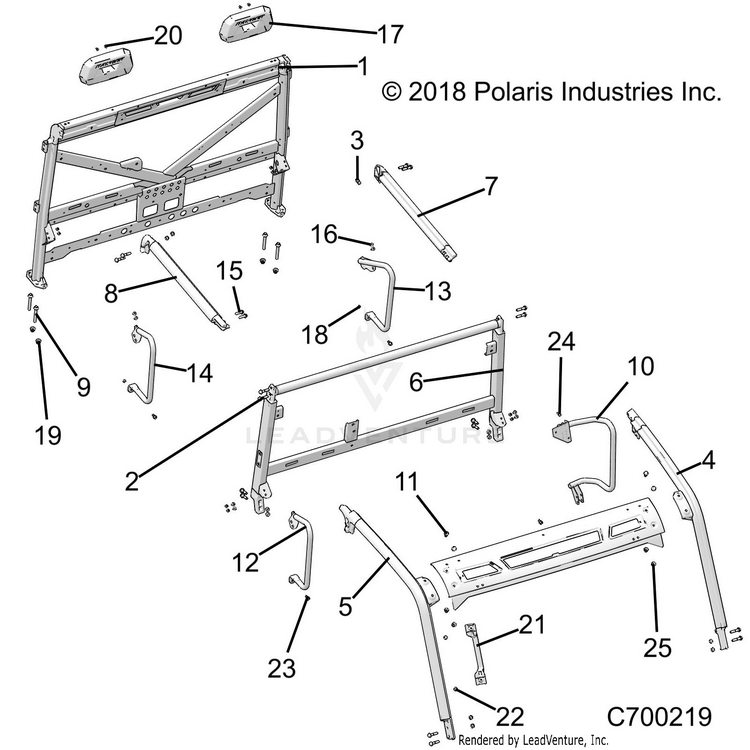 An Image of a Genuine Polaris Parts Schematic Diagram showing the schematic - CHASSIS: CAB FRAME - 2019 POLARIS RANGER CREW XP 1000 EPS NORTHSTAR