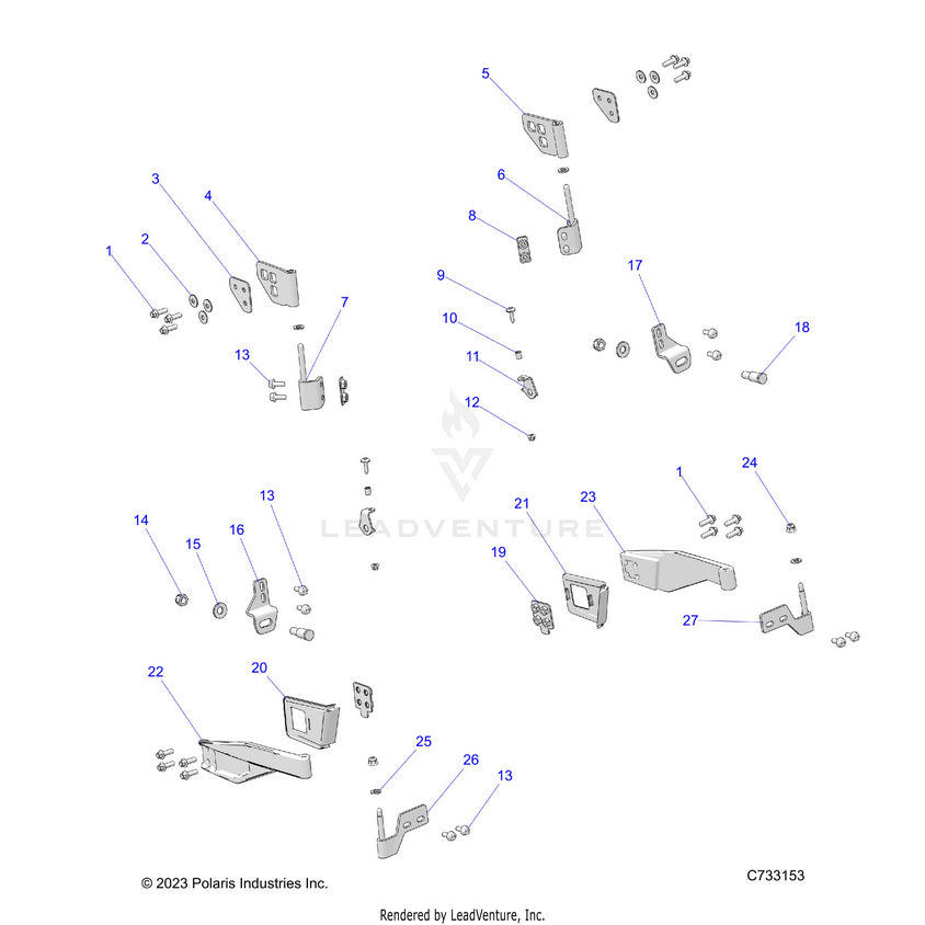 An Image of a Genuine Polaris Parts Schematic Diagram showing the schematic - BODY: DOOR FRONT MOUNTING - 2024 POLARIS RANGER 570 NORTHSTAR
