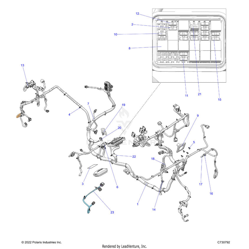 An Image of a Genuine Polaris Parts Schematic Diagram showing the schematic - ELECTRICAL: WIRE HARNESS - 2023 POLARIS RANGER XP 1000 NORTHSTAR ULTIMATE TRAIL BOSS