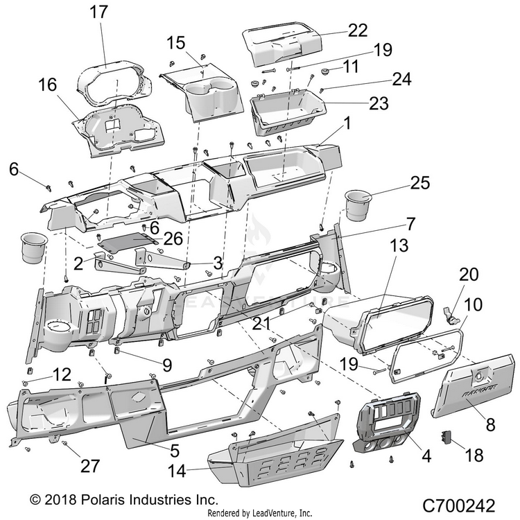 An Image of a Genuine Polaris Parts Schematic Diagram showing the schematic - BODY: DASH - 2019 POLARIS RANGER CREW XP 1000 EPS HIGH LIFTER