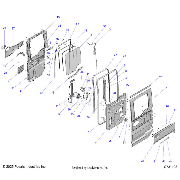 An Image of a Genuine Polaris Parts Schematic Diagram showing the schematic - BODY: DOORS REAR - 2025 POLARIS RANGER XD 1500 NORTHSTAR CREW