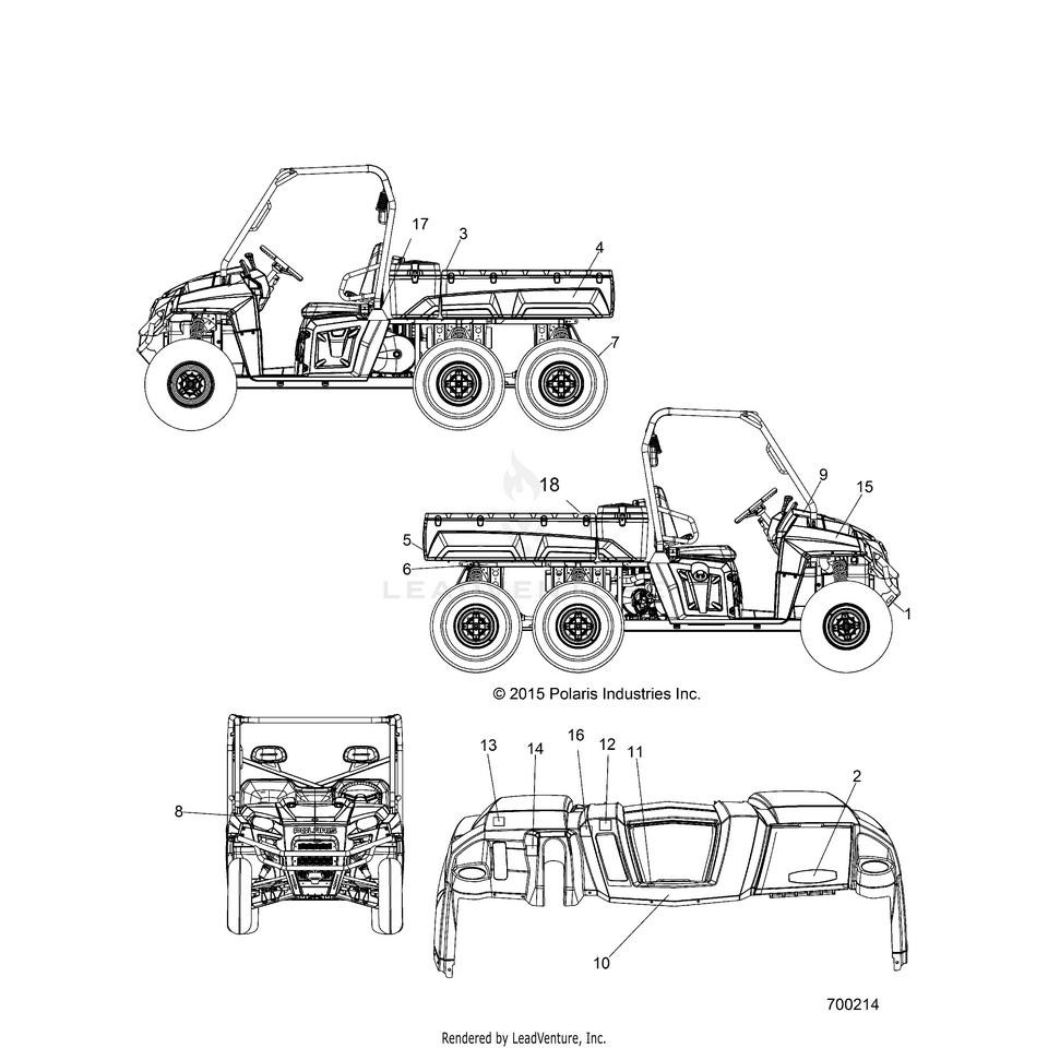 An Image of a Genuine Polaris Parts Schematic Diagram showing the schematic - BODY: DECALS - 2016 POLARIS RANGER 800 6X6