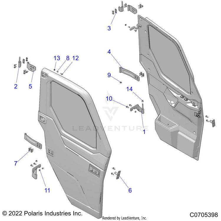 An Image of a Genuine Polaris Parts Schematic Diagram showing the schematic - BODY: DOOR FULL MOUNTING - 2022 POLARIS RANGER XP 1000 NORTHSTAR ULTIMATE EVAP