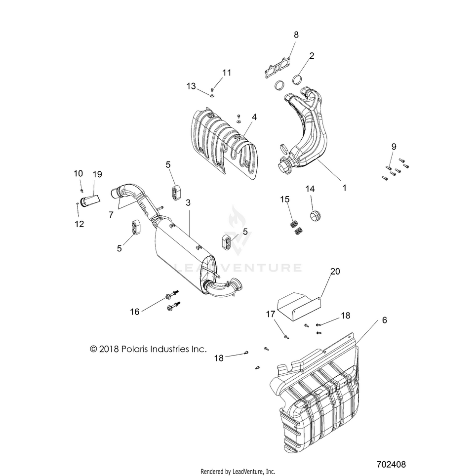 An Image of a Genuine Polaris Parts Schematic Diagram showing the schematic - ENGINE: EXHAUST - 2019 POLARIS RANGER 900 XP