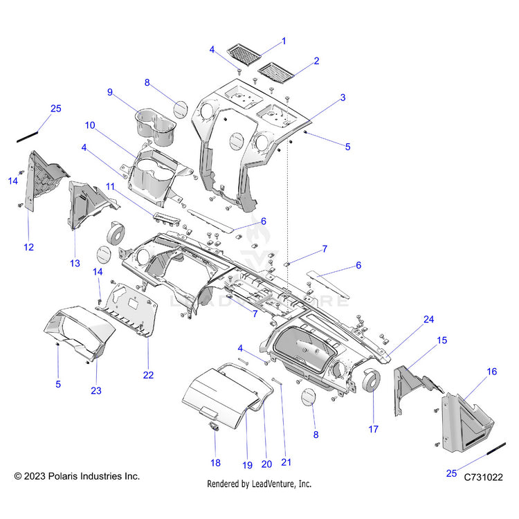 An Image of a Genuine Polaris Parts Schematic Diagram showing the schematic - BODY: DASH UPPER & A-PILLARS - 2024 POLARIS RANGER XD 1500 PREMIUM