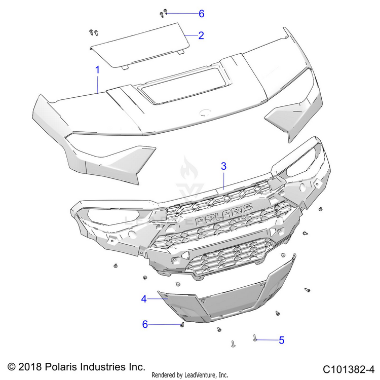 An Image of a Genuine Polaris Parts Schematic Diagram showing the schematic - BODY: HOOD & FRONT FASCIA - 2023 POLARIS RANGER 150 EFI
