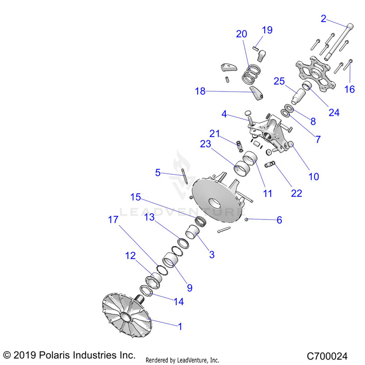 An Image of a Genuine Polaris Parts Schematic Diagram showing the schematic - DRIVE TRAIN: PRIMARY CLUTCH - 2018 POLARIS RANGER 1000 EPS