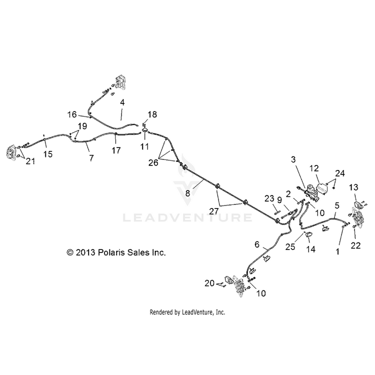 An Image of a Genuine Polaris Parts Schematic Diagram showing the schematic - BRAKES: LINES & MASTER CYLINDER - 2015 POLARIS RANGER CREW 900