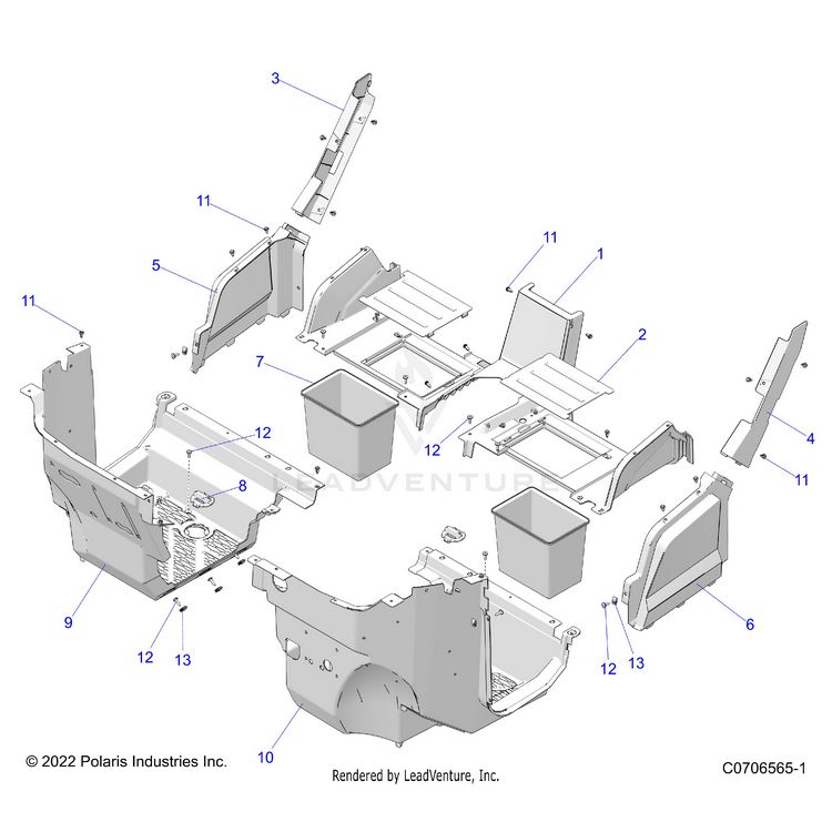 An Image of a Genuine Polaris Parts Schematic Diagram showing the schematic - BODY: FRONT CLOSEOFF AND FLOOR - 2025 POLARIS GENERAL XP 4 1000 ULTIMATE