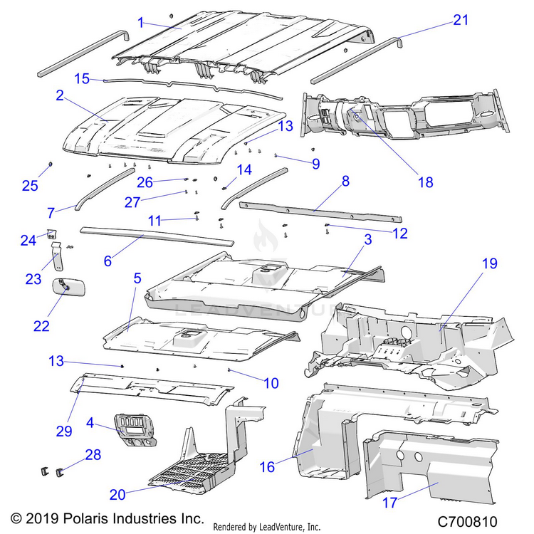 An Image of a Genuine Polaris Parts Schematic Diagram showing the schematic - OPTION: ROOF PREP REAR CLOSE OFF COVER HOOD LINER FLOOR & DASH - 2020 POLARIS RANGER CREW XP 1000 NORTHSTAR FC