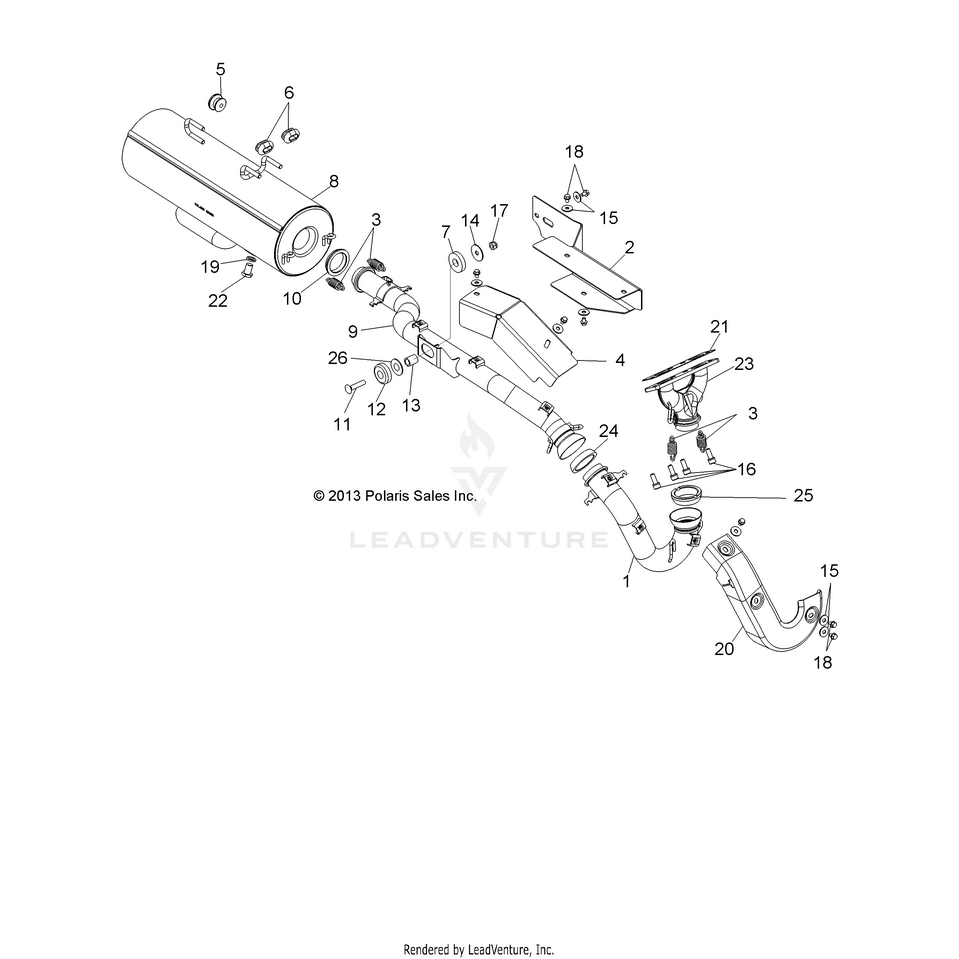 An Image of a Genuine Polaris Parts Schematic Diagram showing the schematic - ENGINE: EXHAUST - 2015 POLARIS RANGER 800 6X6