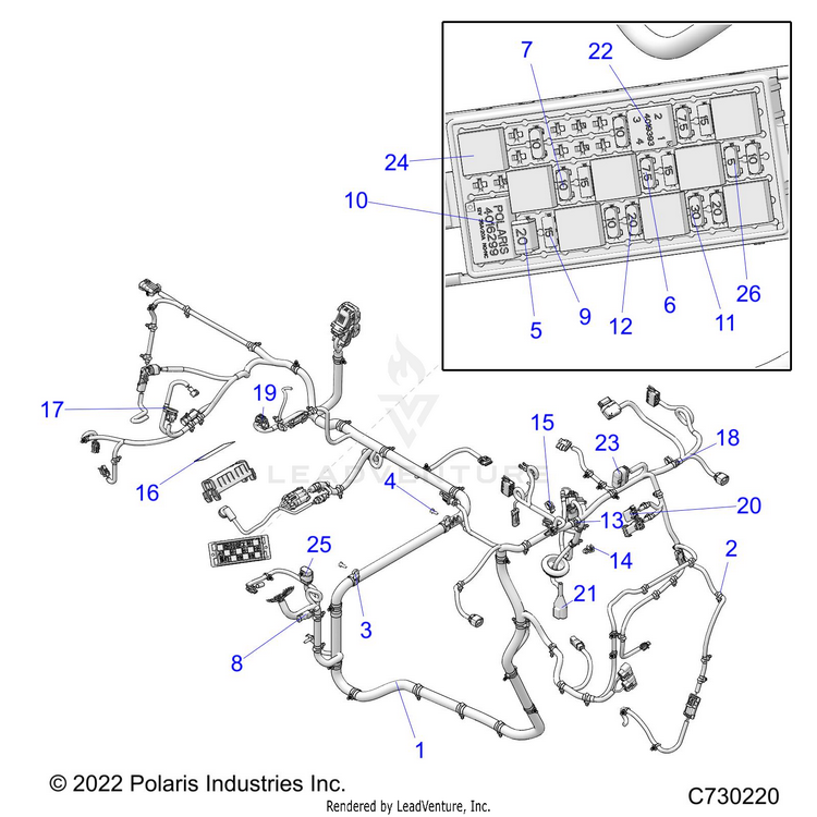 An Image of a Genuine Polaris Parts Schematic Diagram showing the schematic - ELECTRICAL: WIRE HARNESSES - 2022 POLARIS RANGER 570
